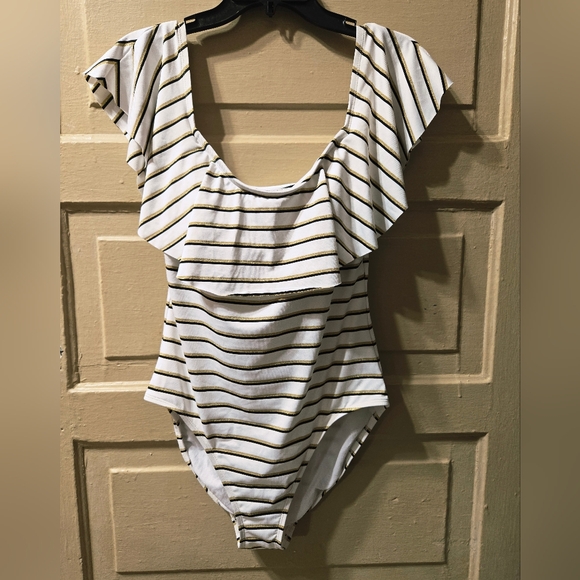 Lauren Ralph Lauren Off Shoulder One Piece Shimmer Gold Black White Swim Suit - Picture 2 of 13